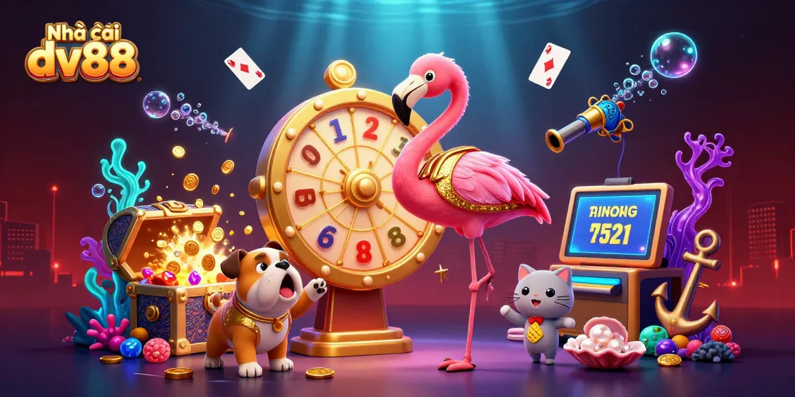 Engage with Nhà cái dv88's thrilling experience featuring a vibrant casino scene with game show elements and dynamic prizes.