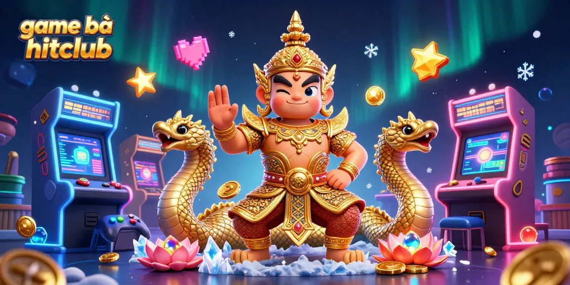 Engage with game bài hitclub in a vibrant, action-packed 3D casino scene featuring a guardian and Naga companions.