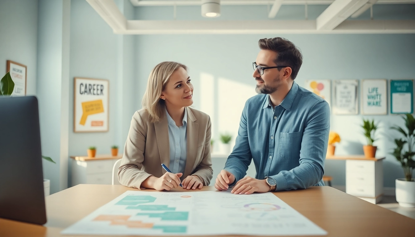 How to find my perfect career with a life coach guiding in an inspiring office setting.
