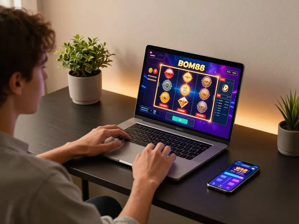BOM88 player enjoying an immersive online casino experience with vibrant slot games on laptop