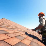 Roofing company worker installing shingles on a house under a clear blue sky.