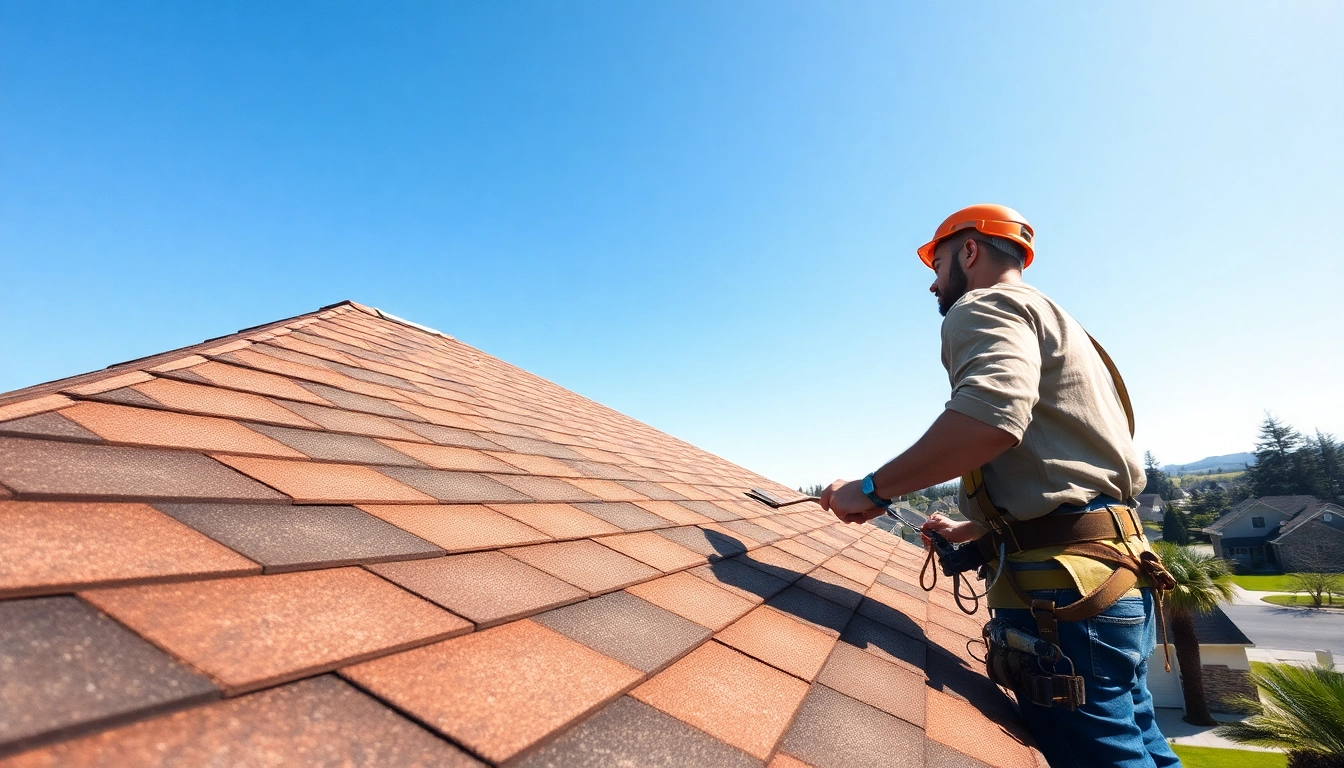 Roofing company worker installing shingles on a house under a clear blue sky.