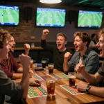 KQBD users strategize bets while enjoying live football matches in a vibrant sports bar setting