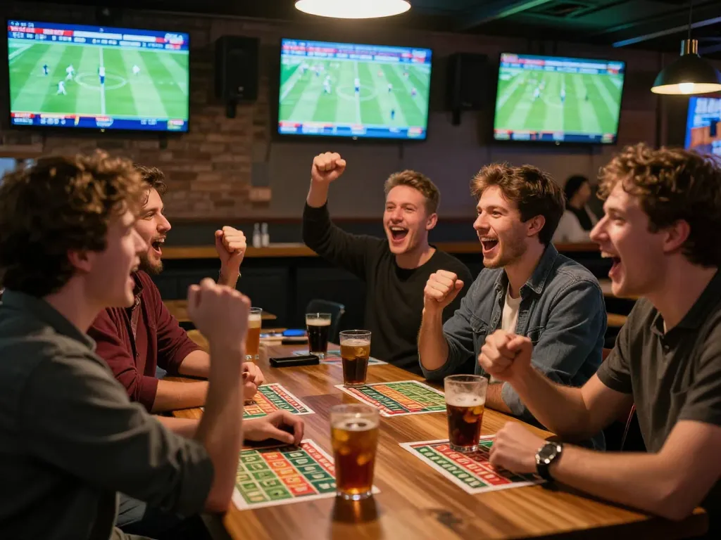 KQBD users strategize bets while enjoying live football matches in a vibrant sports bar setting
