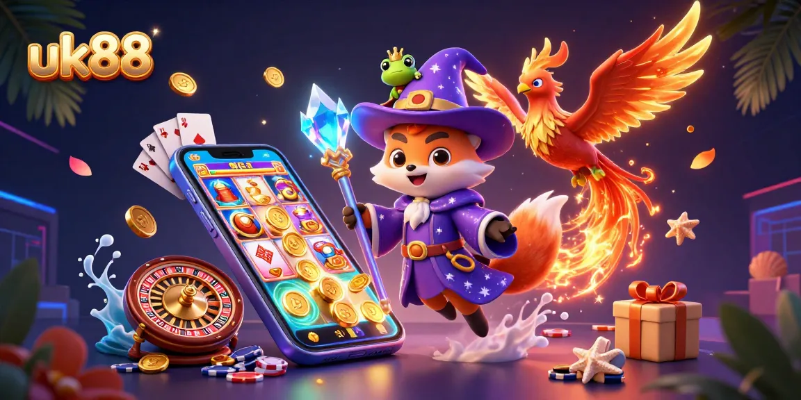 Win big with slot games at uk88, featuring a wizard, phoenix, and enchanted elements.