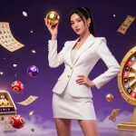 Experience the thrill of TX88 gaming with a stunning Asian woman confidently holding a roulette ball amidst vibrant casino elements.