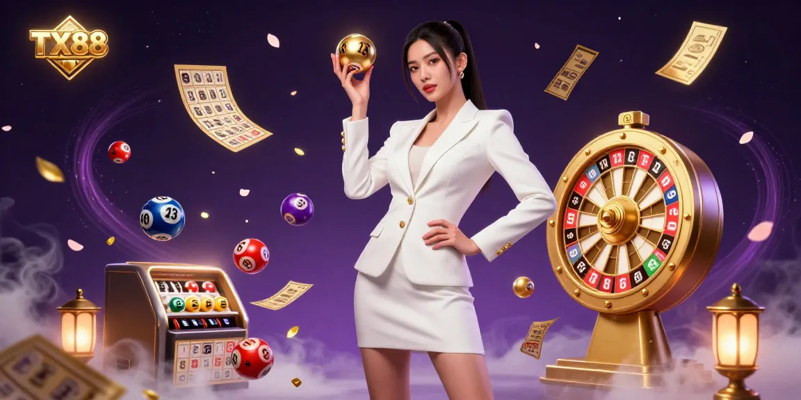 Experience the thrill of TX88 gaming with a stunning Asian woman confidently holding a roulette ball amidst vibrant casino elements.