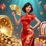 Experience thrilling wins at DA88 with a stunning vibrant illustration of Asian woman in a qipao dress holding a golden fan amidst animated casino treasures.
