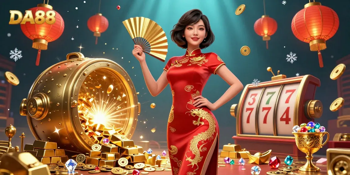 Experience thrilling wins at DA88 with a stunning vibrant illustration of Asian woman in a qipao dress holding a golden fan amidst animated casino treasures.