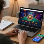 Player using VA88 platform for live dealer roulette game on laptop in cozy home office
