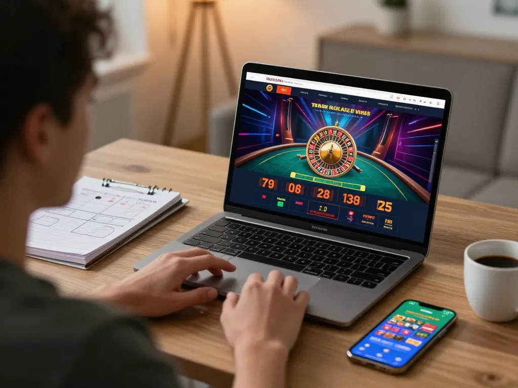 Player using VA88 platform for live dealer roulette game on laptop in cozy home office