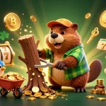 Join the fun at hubet88 with a lively 3D illustration of a cartoon beaver enjoying a jackpot of coins in a vibrant casino scene.