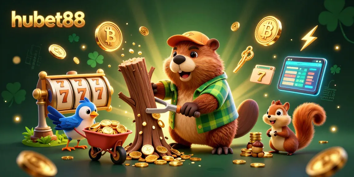 Join the fun at hubet88 with a lively 3D illustration of a cartoon beaver enjoying a jackpot of coins in a vibrant casino scene.