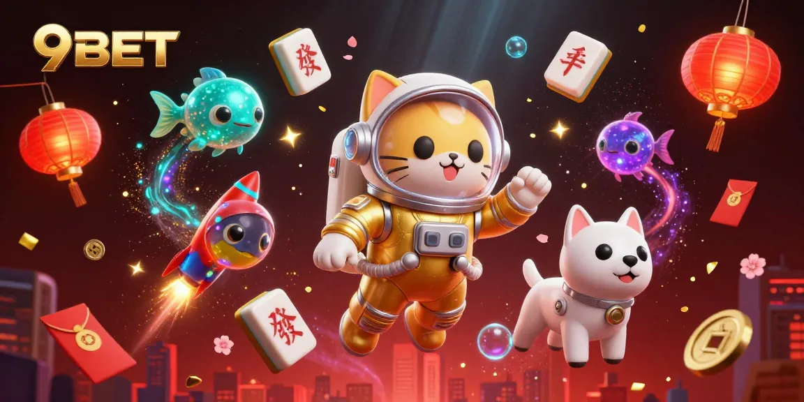 Win big with 9BET in a vibrant casino scene featuring playful characters and exciting atmosphere.