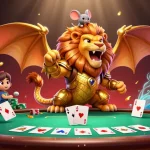 Experience the thrill of 68win with a triumphant chimera and poker elements in a vibrant casino scene.