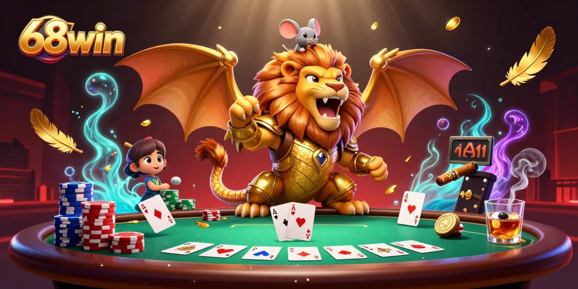 Experience the thrill of 68win with a triumphant chimera and poker elements in a vibrant casino scene.