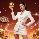 Experience the thrill of gaming at OK9 with a striking illustration of a woman holding a golden roulette ball.