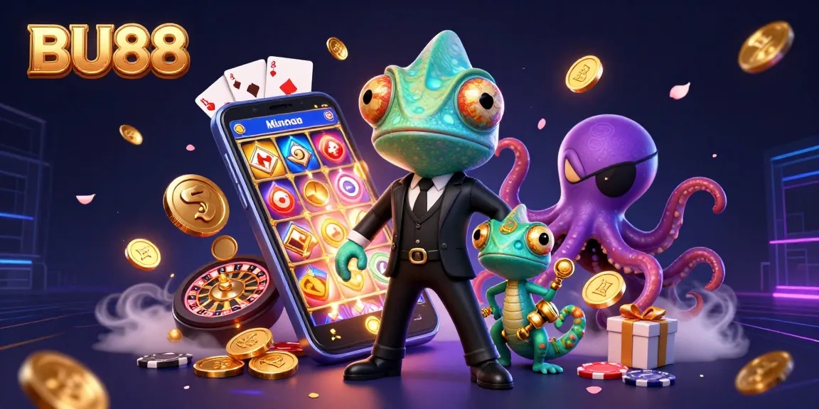 Spin into excitement with BU88's vibrant, action-packed casino illustration showcasing dynamic gameplay elements.