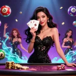 Experience the excitement of luckywin with a glamorous casino scene featuring an elegant woman and vibrant lottery elements.