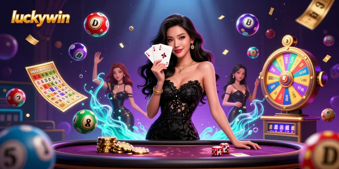 Experience the excitement of luckywin with a glamorous casino scene featuring an elegant woman and vibrant lottery elements.