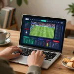 Placing bets on sports through debet app in cozy home workspace