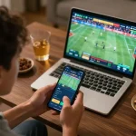 Xoilac user placing live bets on a mobile device during a thrilling sports event at home.