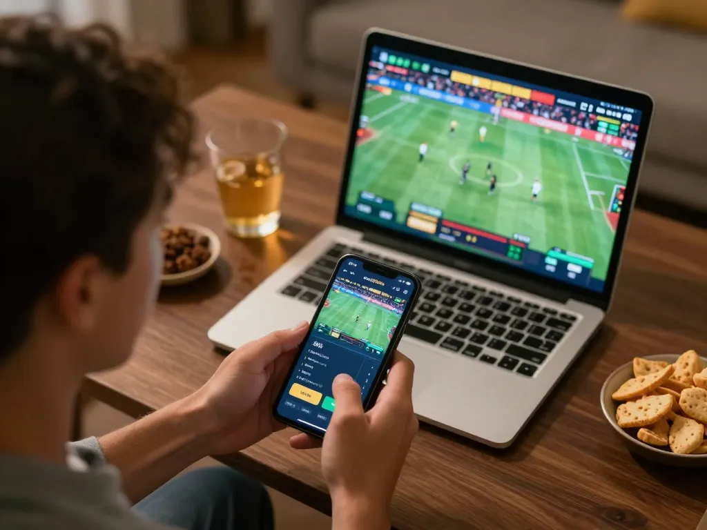 Xoilac user placing live bets on a mobile device during a thrilling sports event at home.