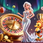 Engage with OK9's thrilling gameplay featuring a glamorous scene with a roulette wheel and sports betting elements.