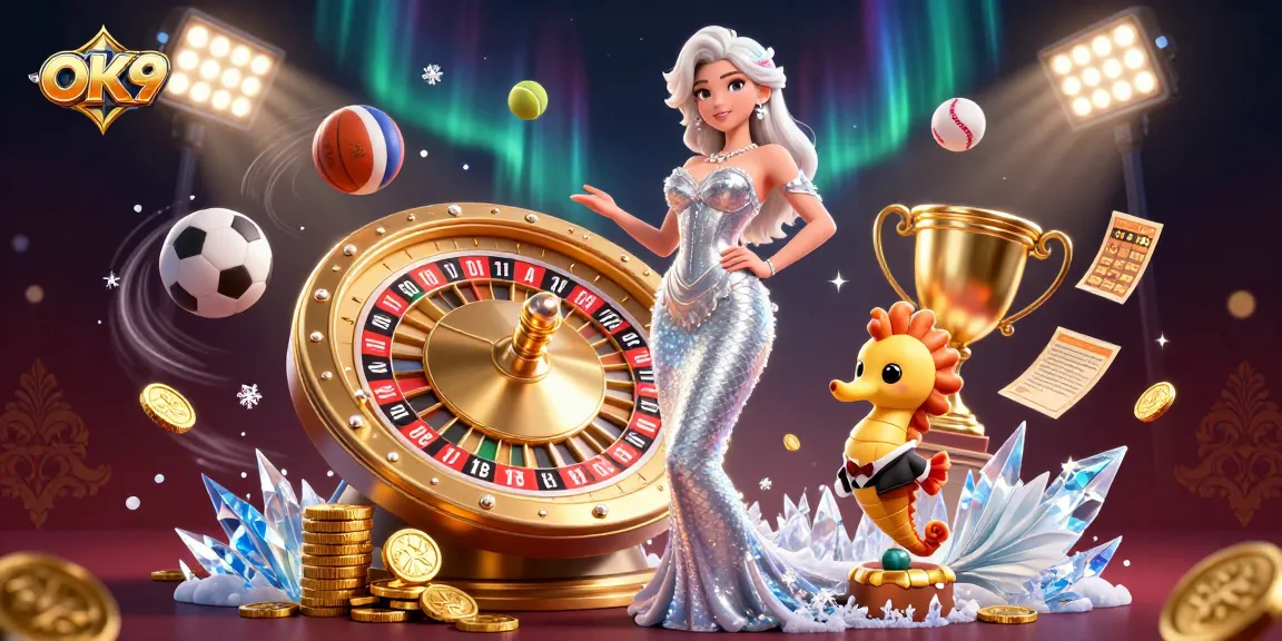 Engage with OK9's thrilling gameplay featuring a glamorous scene with a roulette wheel and sports betting elements.