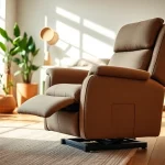 Showcase of a power lift recliner in a cozy living room with plush textures and warm lighting.