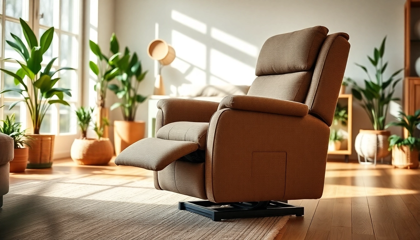 Showcase of a power lift recliner in a cozy living room with plush textures and warm lighting.
