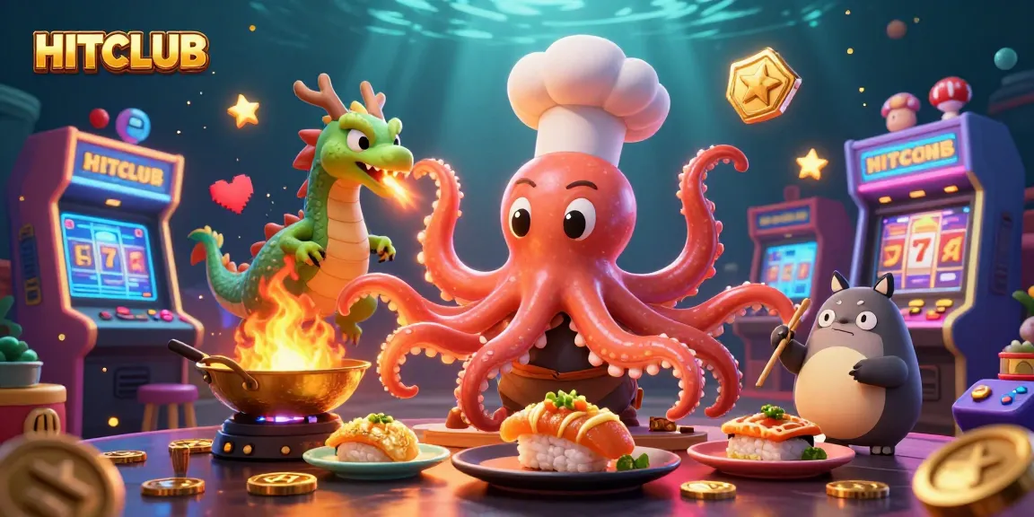 Join HITCLUB's exciting games with a colorful 3D illustration of gaming elements and cheerful characters.