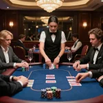 Sunwin players strategizing at a high-stakes poker table in an upscale casino atmosphere.