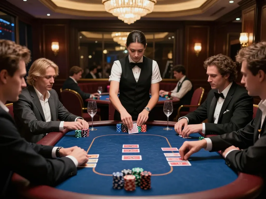 Sunwin players strategizing at a high-stakes poker table in an upscale casino atmosphere.