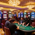 GEM88 players enjoying exciting slot machines and live blackjack table action in a glamorous casino environment.