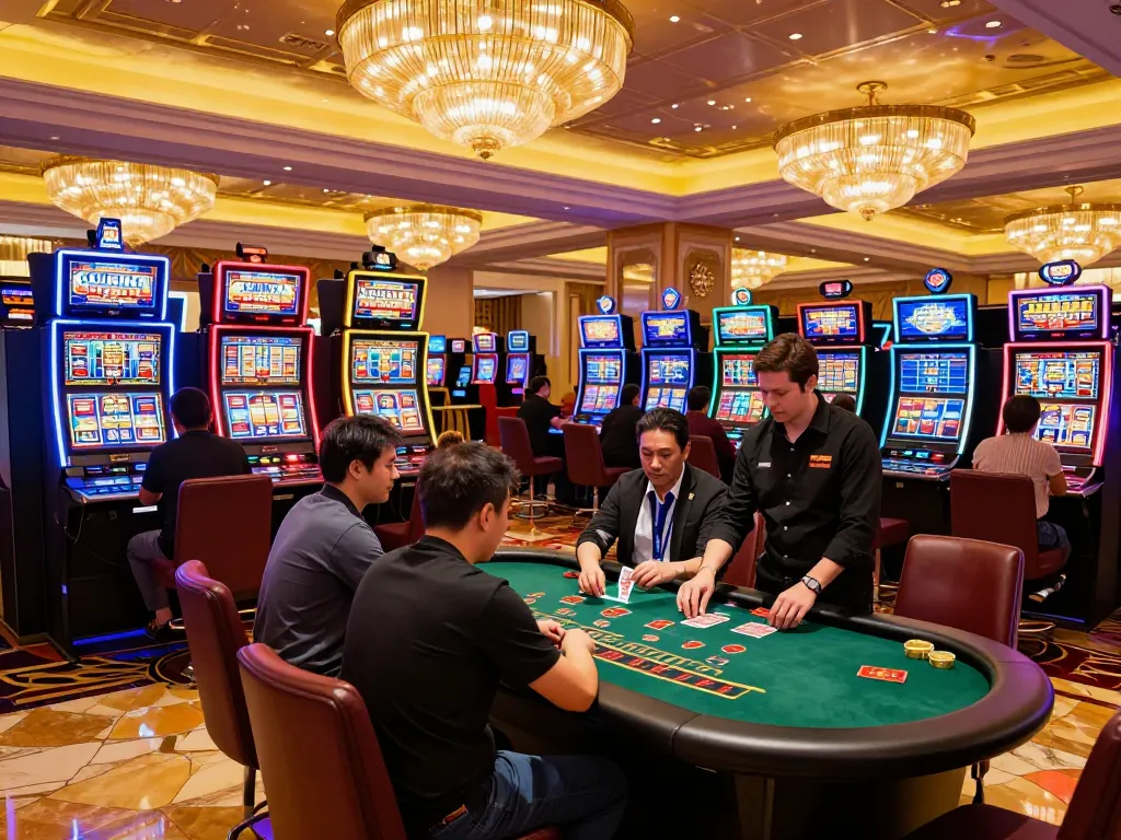 GEM88 players enjoying exciting slot machines and live blackjack table action in a glamorous casino environment.