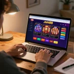 Experience thrilling gameplay with Jun88 on a cozy home gaming setup featuring online poker and slots
