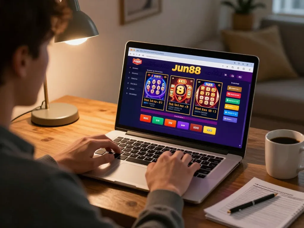 Experience thrilling gameplay with Jun88 on a cozy home gaming setup featuring online poker and slots