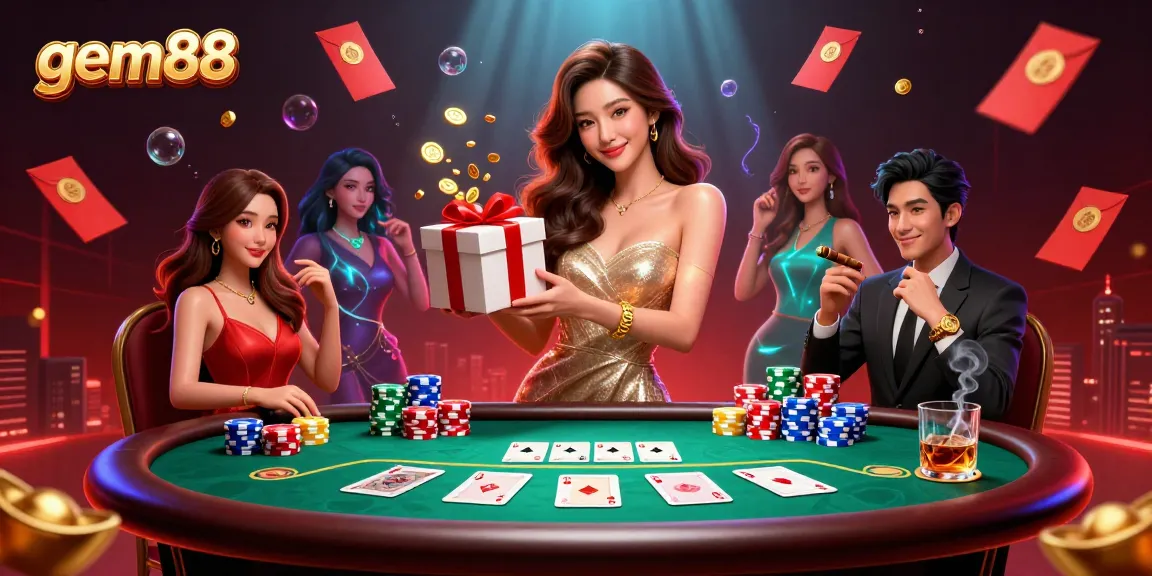 Join the exciting festivities at gem88 with a gorgeous Asian model revealing golden coins in a vibrant casino scene.