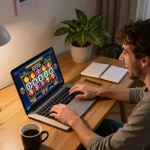 Player spins reels on slot game at their online casino mk8, showcasing an exciting home gaming moment.