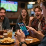 Place sports bets using 789BET app while cheering with friends at a lively sports bar