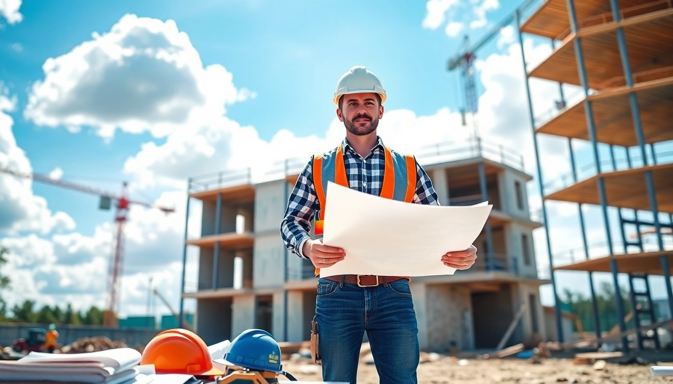 New Jersey General Contractor overseeing construction operations on site with blueprints.