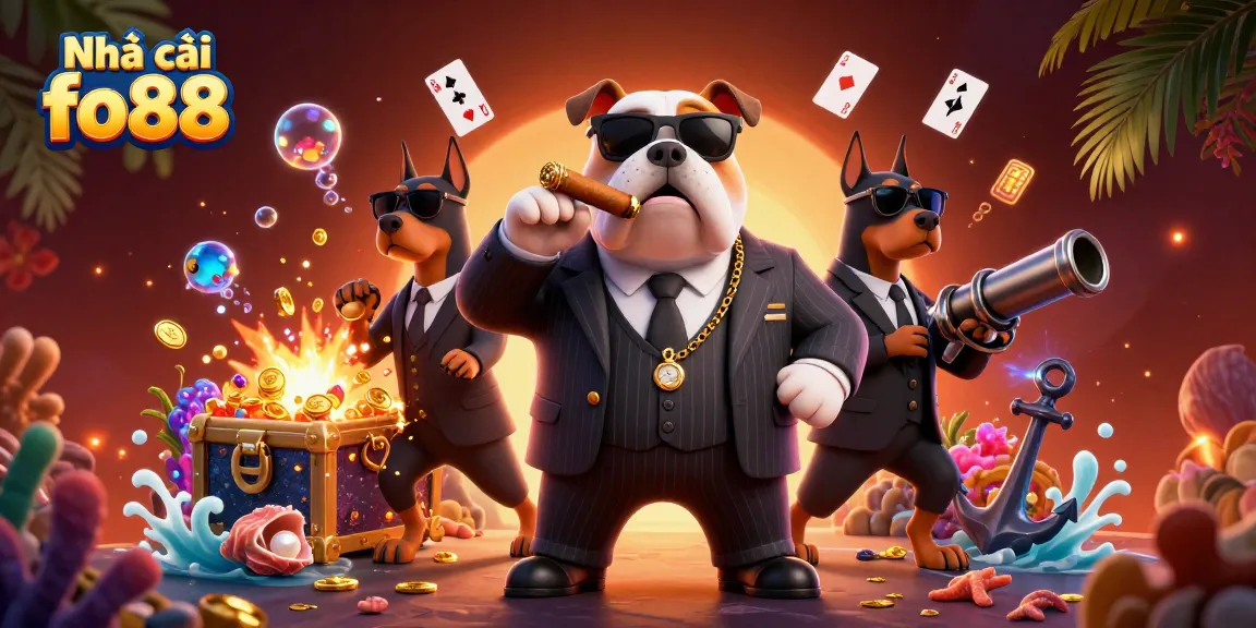 Experience the excitement at Nhà cái fo88 with vibrant 3D casino illustration featuring a mafia bulldog and Doberman bodyguards.