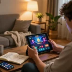 Engaging with F168 casino app on tablet in a cozy home setup, showcasing strategic gaming atmosphere.