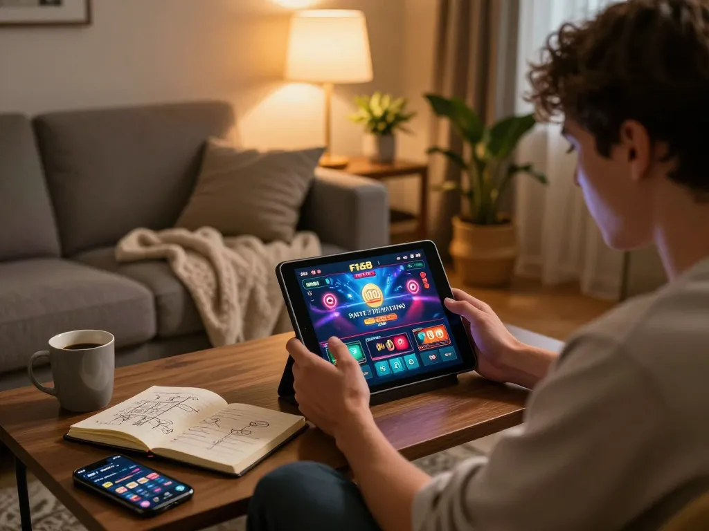 Engaging with F168 casino app on tablet in a cozy home setup, showcasing strategic gaming atmosphere.