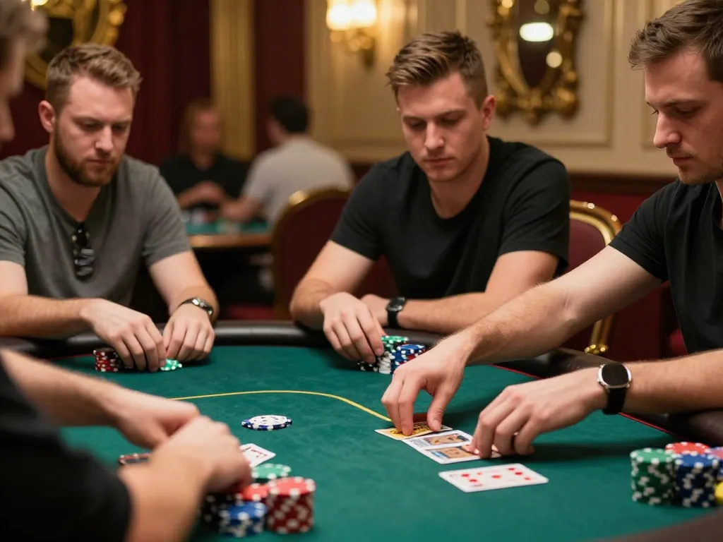 Players strategizing cards at a poker table at 86bet, featuring high-stakes gambling atmosphere.