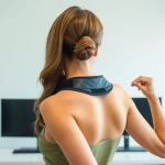 Adjusting posture corrector while seated at a desk for better back alignment.