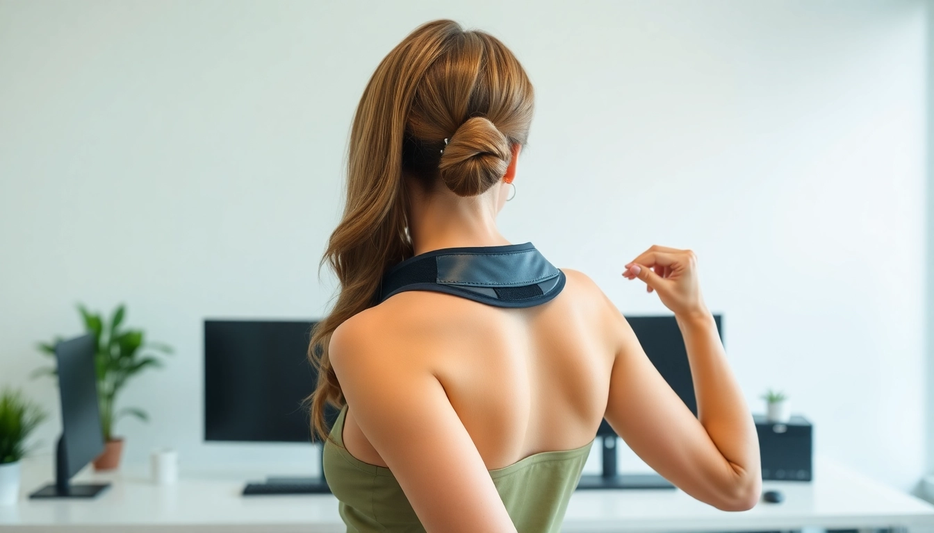 Adjusting posture corrector while seated at a desk for better back alignment.