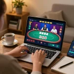 Engaged player enjoying 23win online casino on a laptop while sipping coffee, showcasing interactive gaming atmosphere.