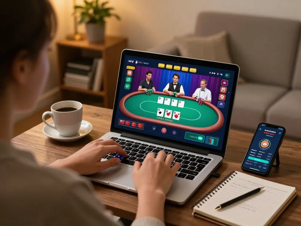 Engaged player enjoying 23win online casino on a laptop while sipping coffee, showcasing interactive gaming atmosphere.